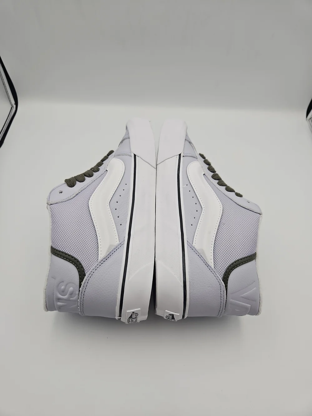 Vans Mid-Top Sneakers in Light Gray/Blue, White and Olive Green